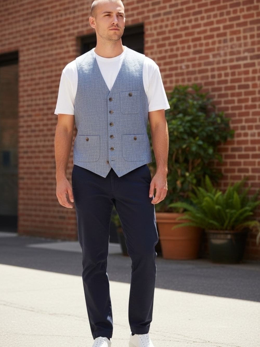 Baird McNutt Linen Murano Vest Mens L Blue Chambray Waistcoat Button Front